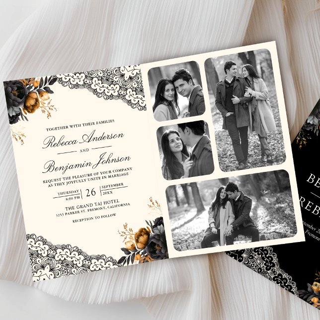 Convite Black Gold Roses Lace Cream Gothic QR Code Wedding (Criador carregado)