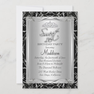 Convite Black Silver Damask & Tiara Sweet 16