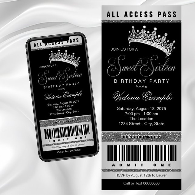 Convite Black Silver Sweet 16 Qualquer Número (Black Silver Sweet 16 Any Number Invitation. Simply delete the Sweet Sixteen graphic and add text.)