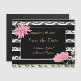Convite Black Stripes Lace and Pink Daisies Salva a Data
