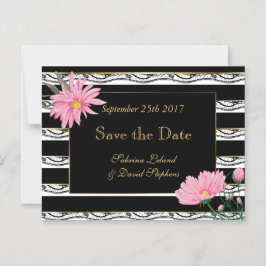 Convite Black Stripes Lace and Pink Daisies Salva a Data