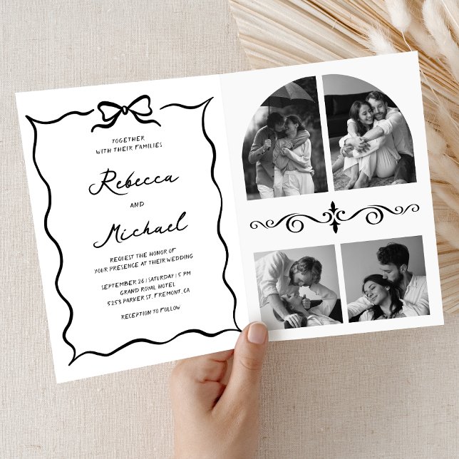 Convite Black & White Hand Drawn Bow QR Code Photo Wedding (Criador carregado)