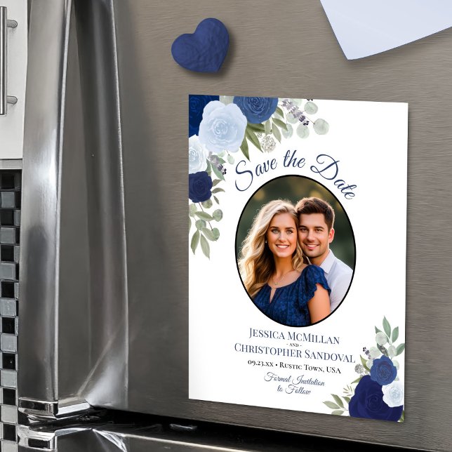 Convite Blue Boho Floral e Photo Weding the Date (Casament (Magnetic Card for Easy Display!)