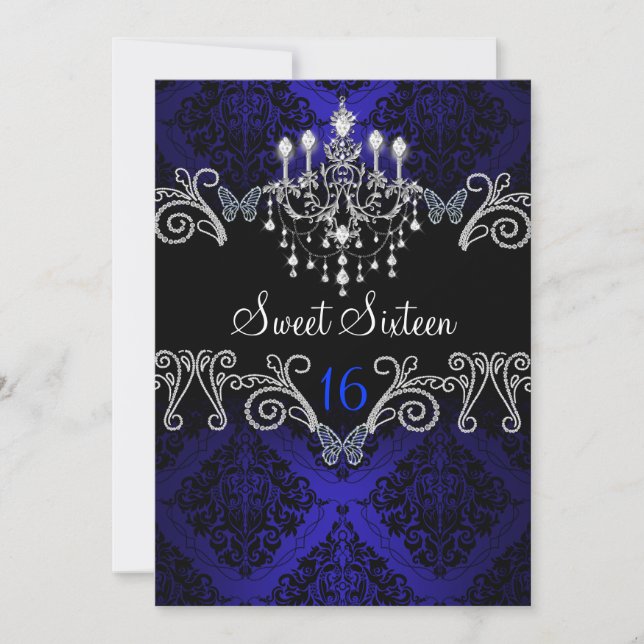 Convite Blue Damask & Butterfly Sweet Sixteen (Frente)
