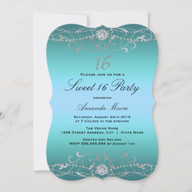 Convite Blue Diamond Damask Sweet 16 (Frente)
