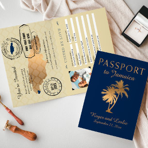 Convite Blue Faux Gold Foil Jamaica Passaporte de Casament