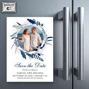 Convite Blue Floral Wreath Foto do casamento Salvar a Data
