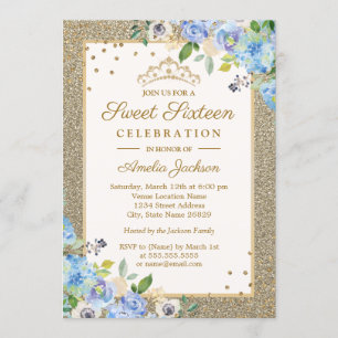 Convite Blue Gold floral Sparkle Sweet Sixteen