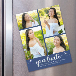 Convite Blue Graduation 4 Photo Script Heart Modern Girly