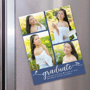 Convite Blue Graduation 4 Photo Script Heart Modern Girly