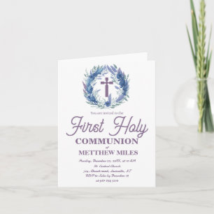 Convite Blue Minimalist floral first católica communion