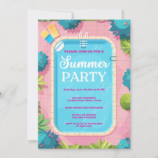 Convite Blue Pink para Festa de Piscina de Verão (Frente)