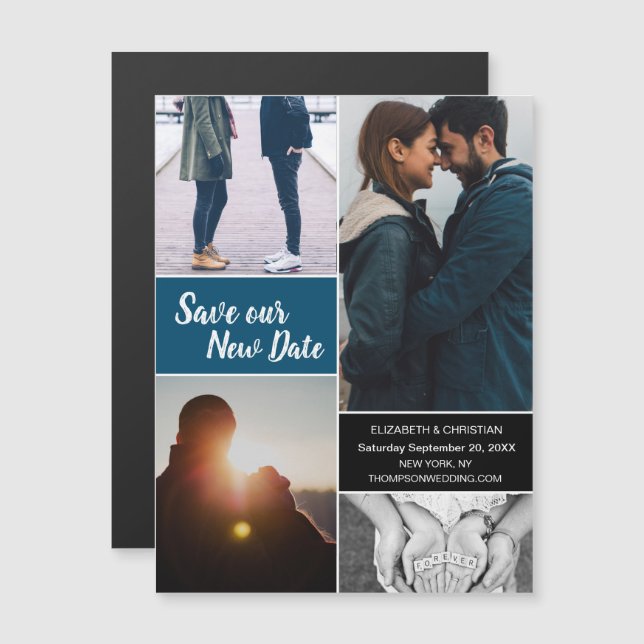 Convite Blue Save our New Date Photo Change the Date (Salv (Frente/Verso)