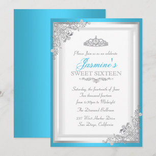 Convite Blue Silver Damask & Tiara Sweet 16