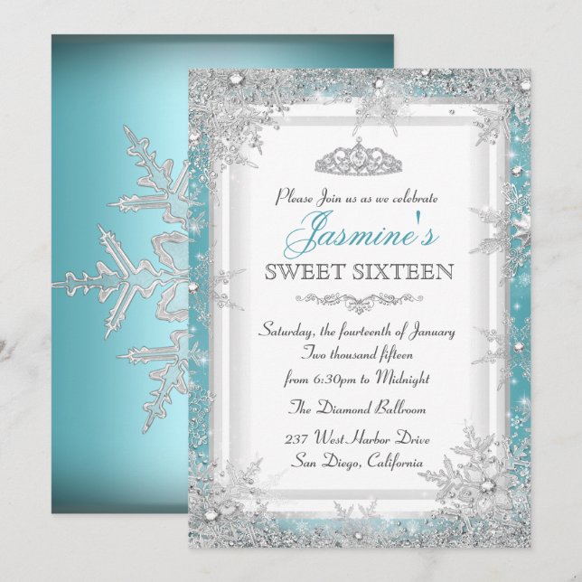 Convite Blue Silver Winter Wonderland Sweet 16 (Frente/Verso)