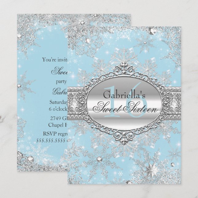 Convite Blue Snowflake Winter Wonderland Sweet 16 (Frente/Verso)