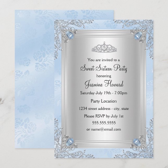 Convite Blue Sparkle Jewel & Tiara Sweet 16 (Frente/Verso)