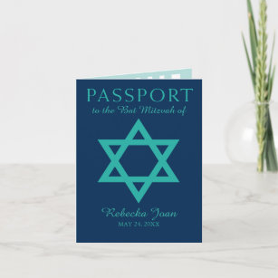 Convite Blue Teal Star of David Bat Mitzvah Passport