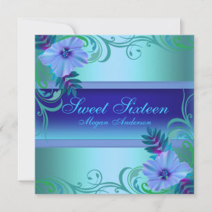 Convite Blue Vibrant Flower Sweet Sixteen