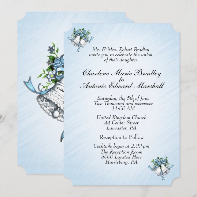 Convite Blue Wedding Bells (Frente/Verso)