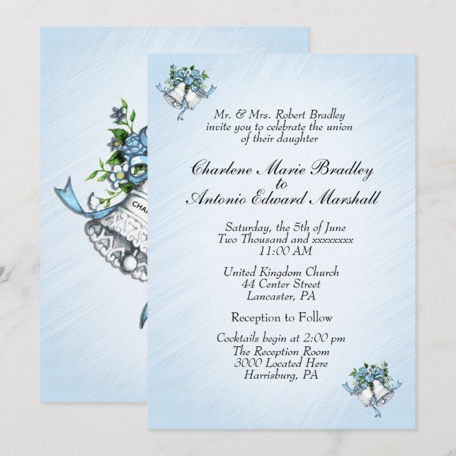 Convite Blue Wedding Bells (Frente/Verso)