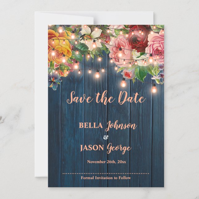 Convite Blue Wood Floral String Lights Save The Date (Frente)