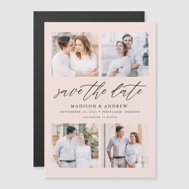 Convite Blush Elegant Script 4 Colagem de Fotos Save The D (Frente/Verso)