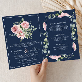 Convite Blush Pink Floral Eucalyptus Navy Blue Wedding