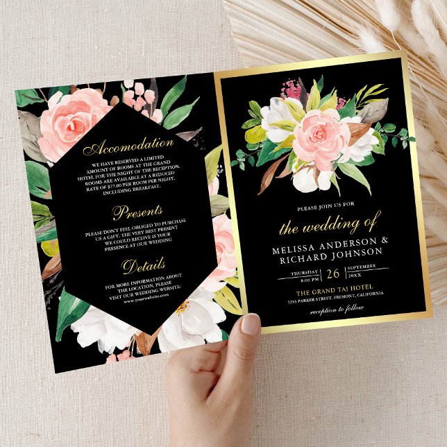 Convite Blush Pink Floral Gold Black QR Code Wedding (Criador carregado)