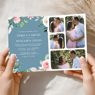 Convite Blush Rosa Floral Código QR Casamento Dusty Azul