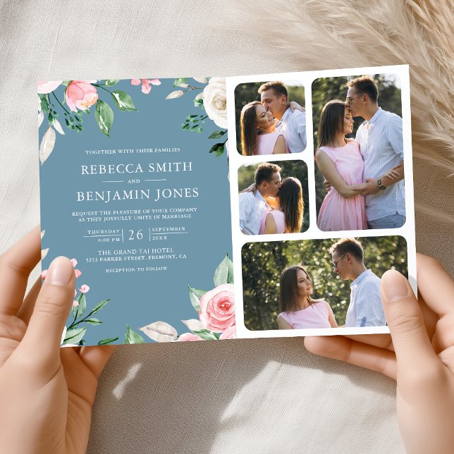 Convite Blush Rosa Floral Código QR Casamento Dusty Azul (Criador carregado)