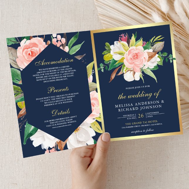 Convite Blush Rosa Floral Dourado Azul Marinho Código QR C (Criador carregado)