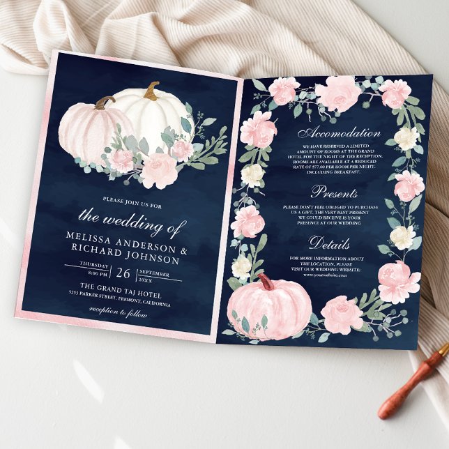 Convite Boda Azul Floral Abóbora Rosa Corada Código QR (Criador carregado)