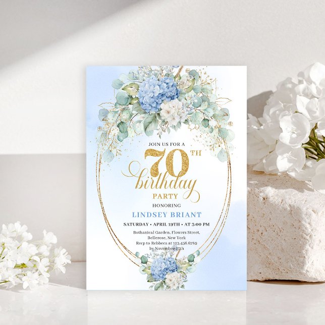 Convite Bohemio de 70 Anos de Idade com Flores Azu (Bohemian 70th Birthday Blue Floral Gold Invitation)