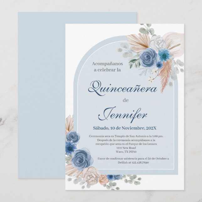 Convite Boho Blue Quinceanera (Frente/Verso)