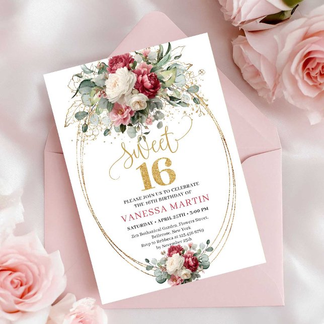 Convite Boho Blush Borgonha Rosas Douradas Sweet 1 (Boho Blush Burgundy Gold Roses Sweet 16 Invite)