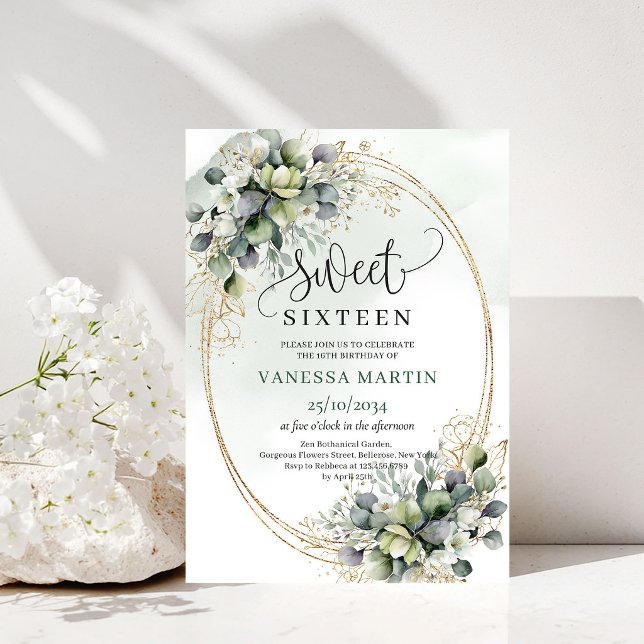 Convite Boho Botânico Sweet Sixteen Verde Dourado (Boho Botanical Sweet Sixteen Greenery Gold Invite)