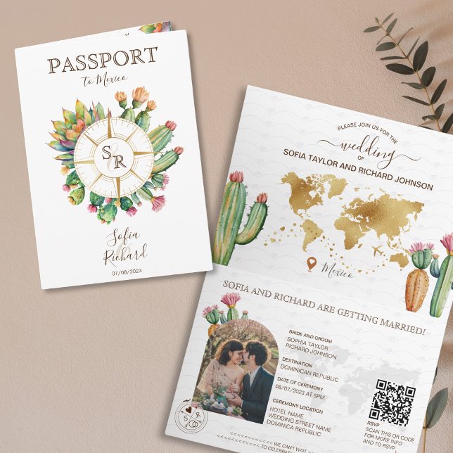 Convite Boho Cactus Destino Passaporte de Casamento Código (mexico passport wedding with watercolor cactus and compass)