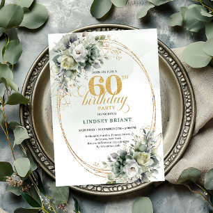 Convite Boho de 60º Aniversário Verde Eucalipto Em
