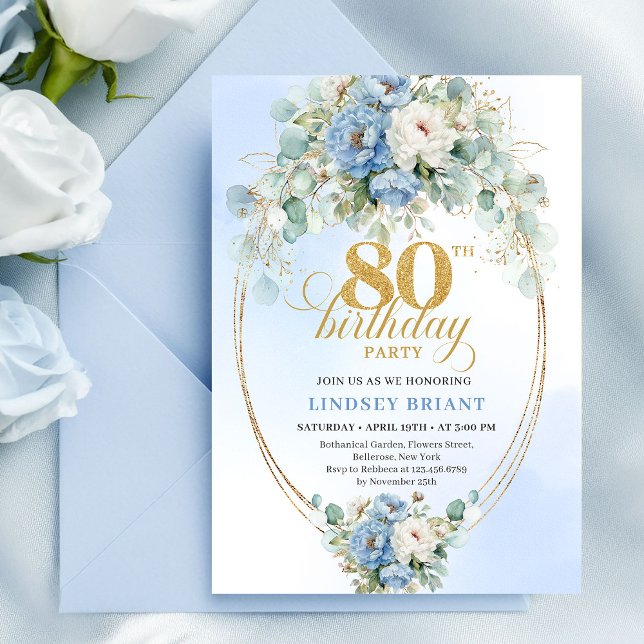 Convite Boho de Peônias Azuis Pastel com Folhagens (Pastel Blue Peonies Greenery Boho 80th Invite)