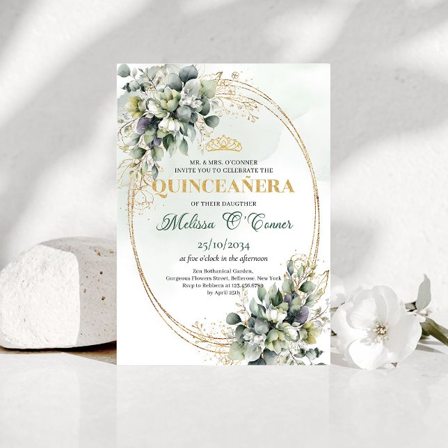 Convite Boho de Quinceañera em Verde Sujo e Folhag (Dusty Green Greenery Quinceañera Boho Invitation)