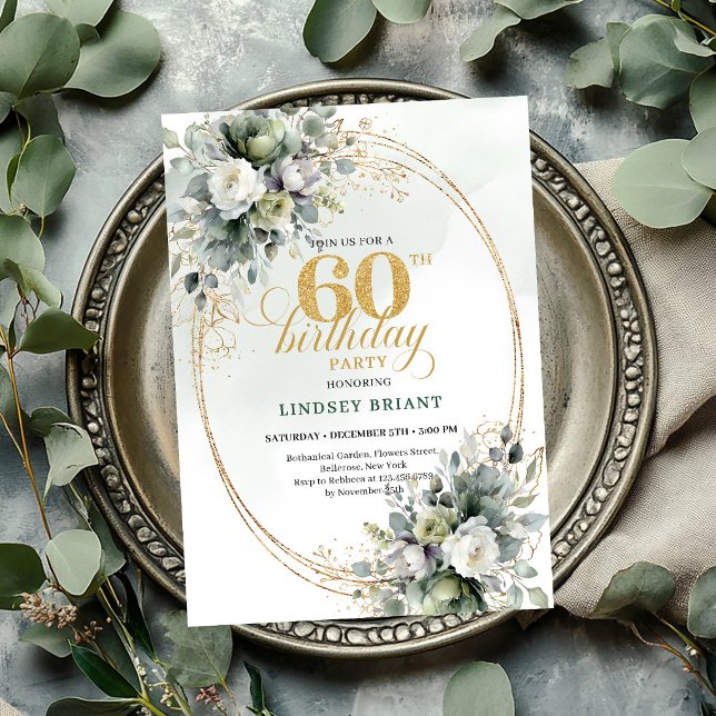 Convite Boho Dourado Aniversário de 60 anos em Ver (Dusty Green 60th Birthday Boho Gold Invite

)