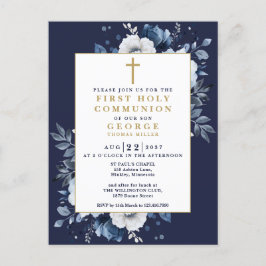 Convite Boho Floral Azul Marinho para Primeira Com