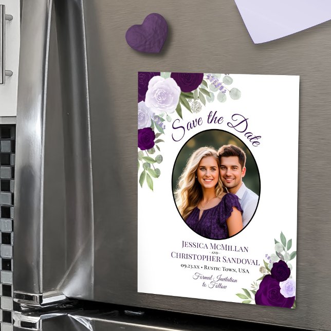 Convite Boho Floral e Foto Roxo Casamento Salve a Data (Magnetic Card for Easy Display!)