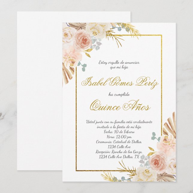 Convite Boho floral Quince em espanhol (Frente/Verso)