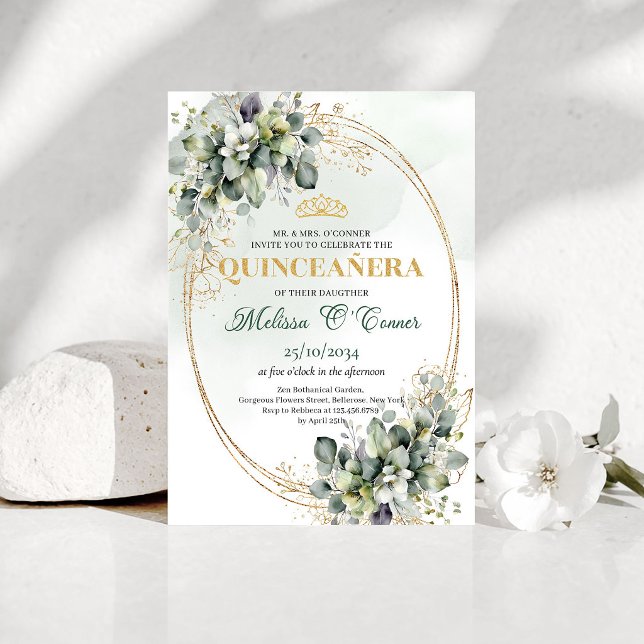 Convite Boho Greenery Folhagem Quinceañera Dourado (Boho Greenery Foliage Quinceañera Gold Invitation)