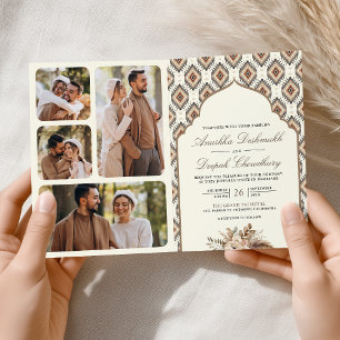 Convite Boho Marfim Bege Ikat Colagem de Fotos Casamento I