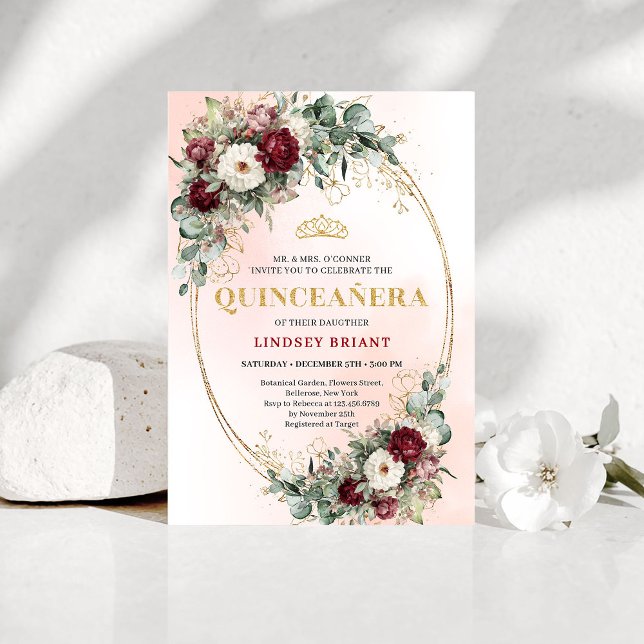 Convite Boho Moderno de Flores de Eucalipto Marrom (Trendy Boho Maroon Floral Eucalyptus Quince Invite)