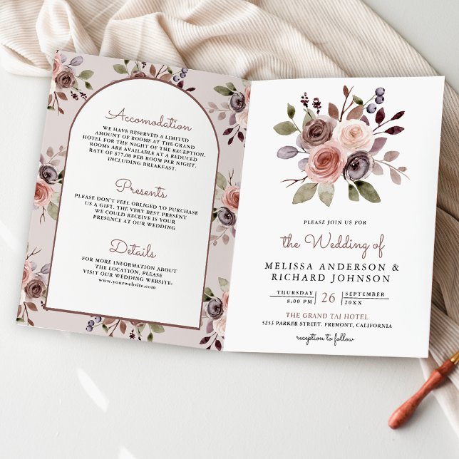Convite Boho Neutro Terroso Taupe Floral QR Code Casamento (Criador carregado)
