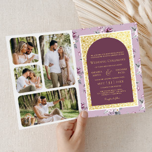 Convite Boho Roxo Floral Combinado Dourado Casamento India